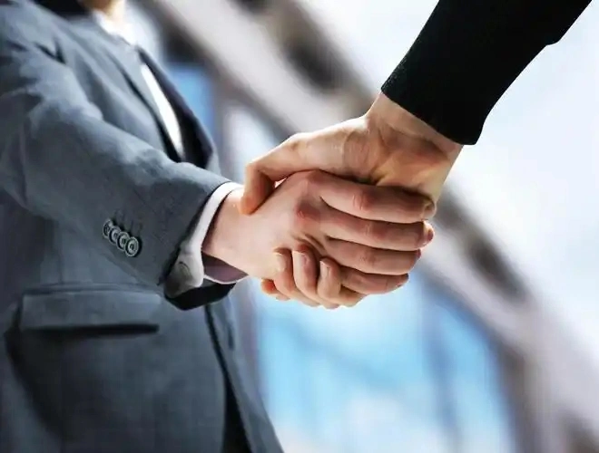 Two people shake hands.
