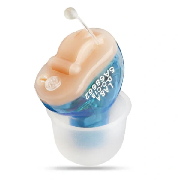 Display of blue in-the-ear hearing AIDS