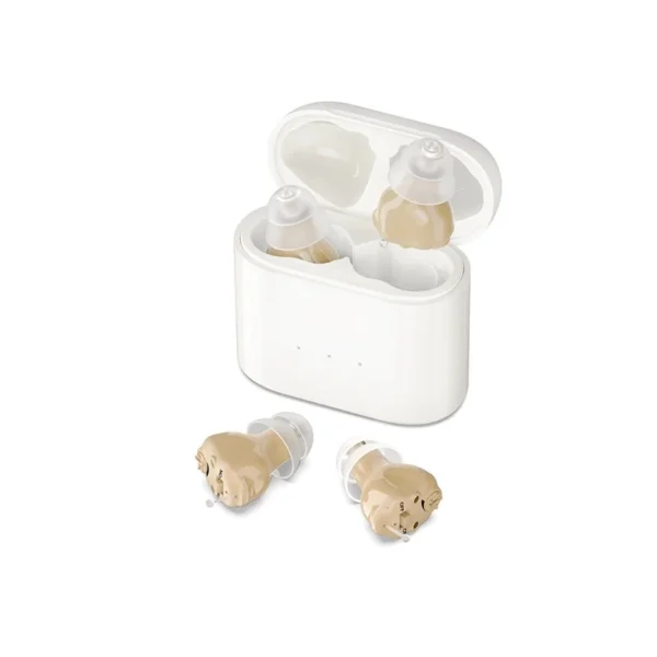 The GM-910c hearing aid is placed in the charging case