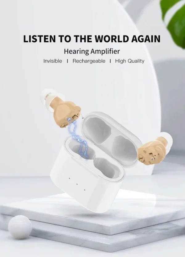 The GM-910c hearing aid is placed outside the charging case