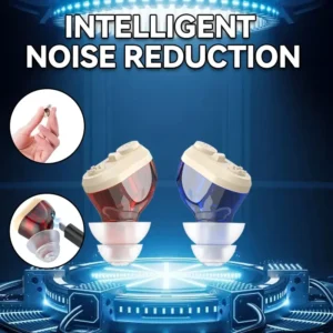 The GM-917 hearing aid is red and blue