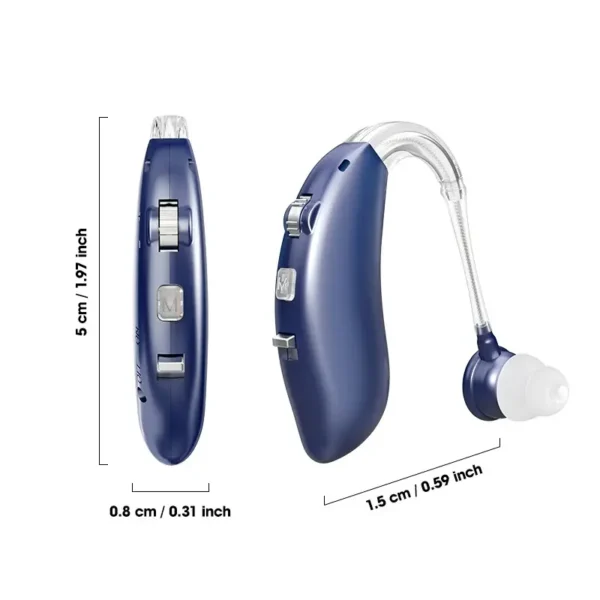 The side and front display dimensions of the hearing aid