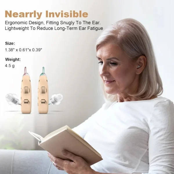 An elderly person wearing hearing aid No. 802 was reading a book
