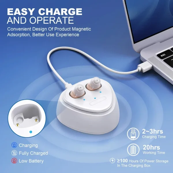 Connect the M608 hearing aid to the charging cable for charging