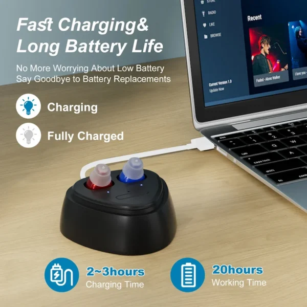Place the ZF-M608B hearing aid in the charging case and open the lid to charge it