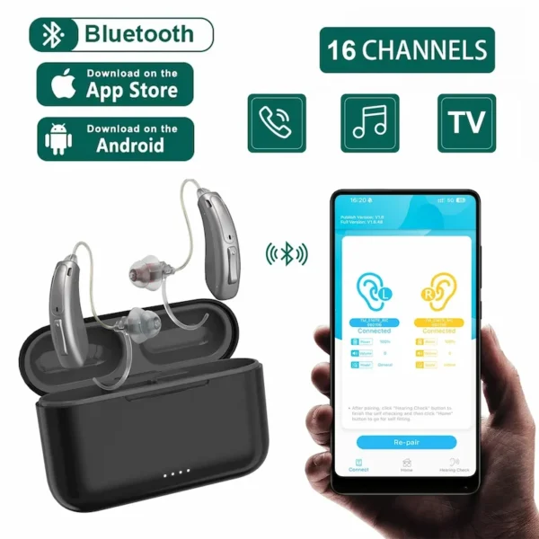 The 5216B hearing aid is connected to a mobile phone