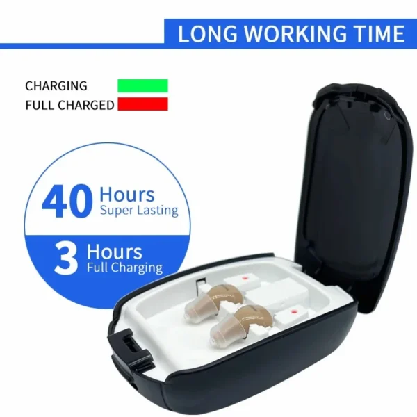 The C200 hearing aid is placed in the charging case