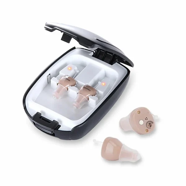 The C200 hearing aid is placed on the charging case and the table