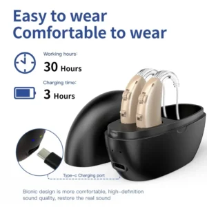 The GM-106 hearing aid is placed in the charging case and connected to the charging cable
