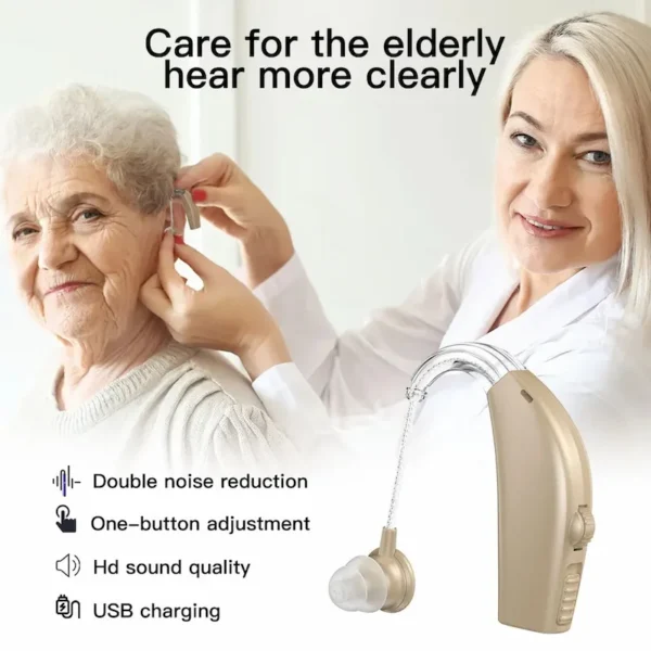 The GM-301 hearing aid is worn on the left ear