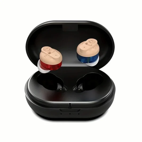 The GM-901 hearing aid in red and blue is placed in the charging case