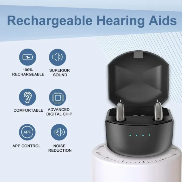 The L03 hearing aid is placed in the charging case