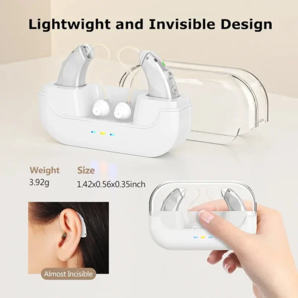 The M909 hearing aid is holding a charging case in its hand