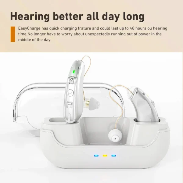 The M909 hearing aid is placed in the charging case