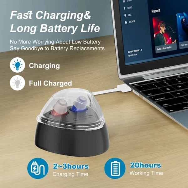 The ZF-M608B hearing aid should be placed on the charging case cover for charging