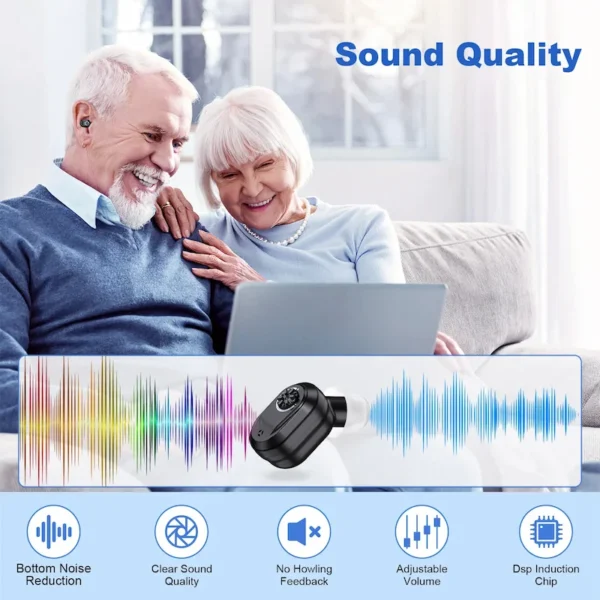 The ZF-M612B-Black hearing aid is worn by a couple while using a computer (1)