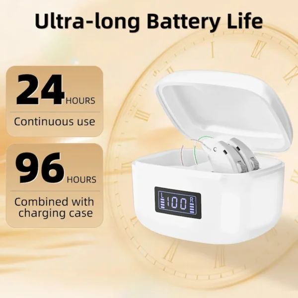The ZF-M802 hearing aid is placed in the charging case