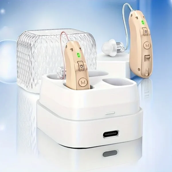 The ZF-M908 hearing aid and the charging case are placed on the table