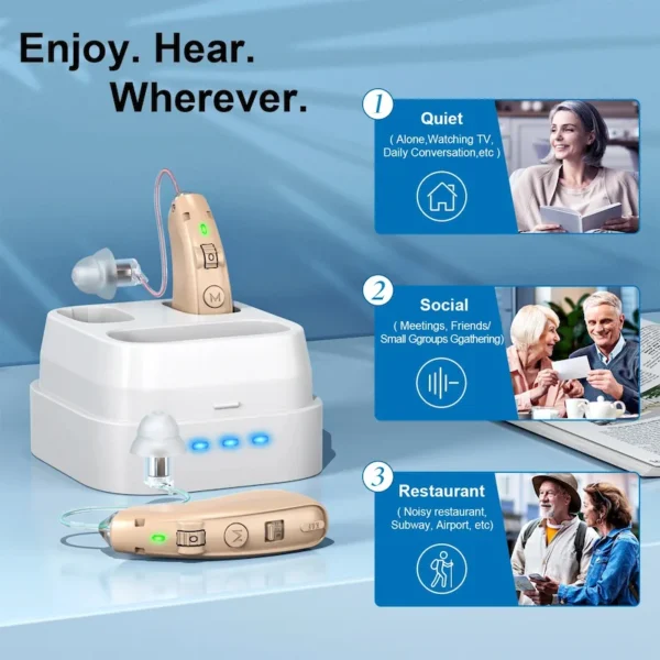 The ZF-M908 hearing aid is charged in the charging case