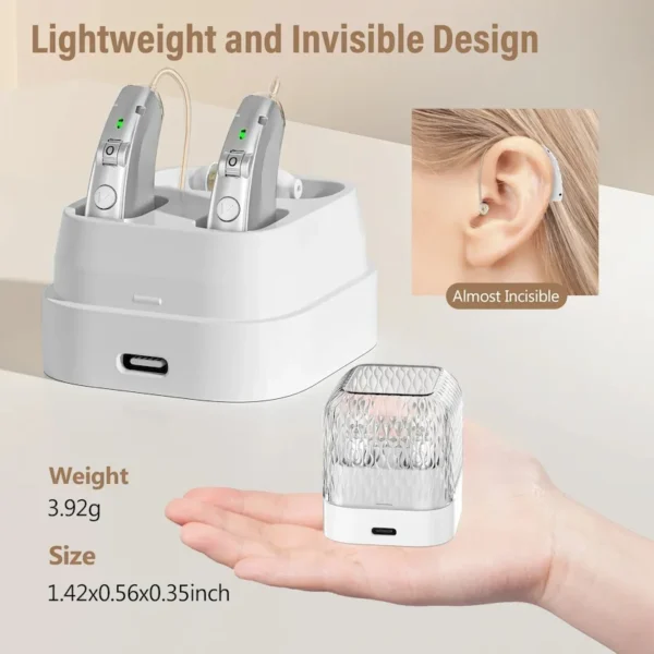 The ZF-M908 hearing aid is placed in the charging case and held in hand