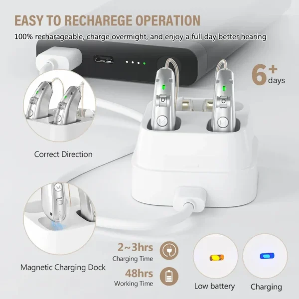 The ZF-M908 hearing aid should be placed in the charging case and connected to the charging cable for charging (1)