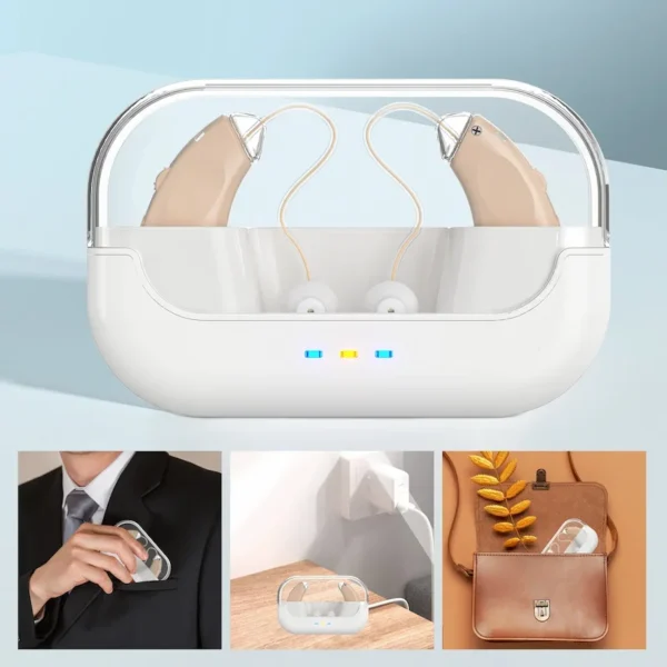 The ZF-M909 hearing aid is placed in the charging case