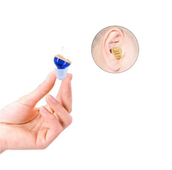 The blue GM-910 hearing aid on my hand