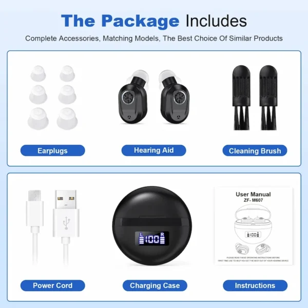The contents of the ZF-M607 hearing aid packaging
