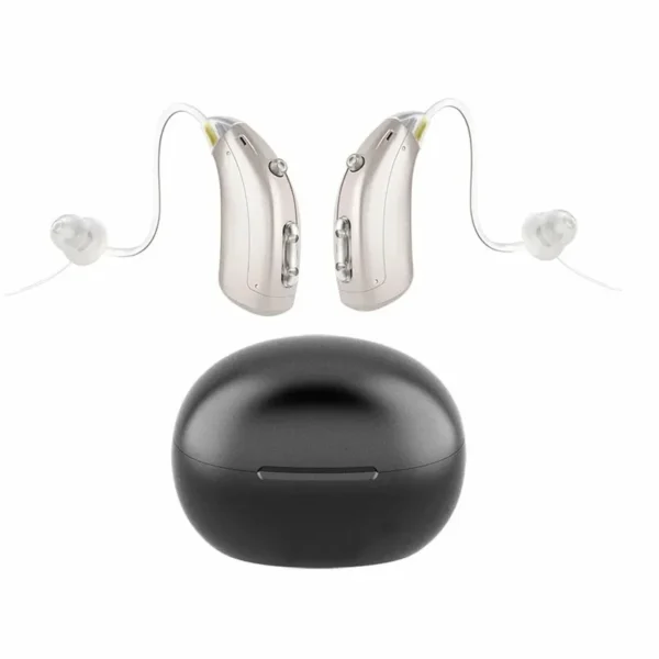 The hearing aid is above the charging case