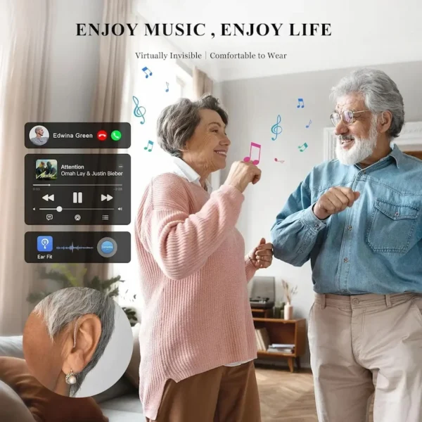 The wearer of the 5216B hearing aid listens to music and dances