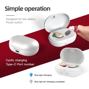 The white GM-901 hearing aid is held in hand